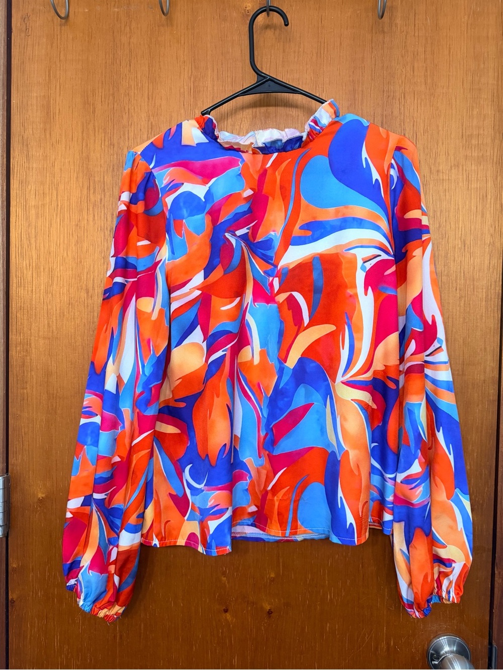SHEIN Orange Blue Multi-Color Abstract Long-Sleeve Blouse